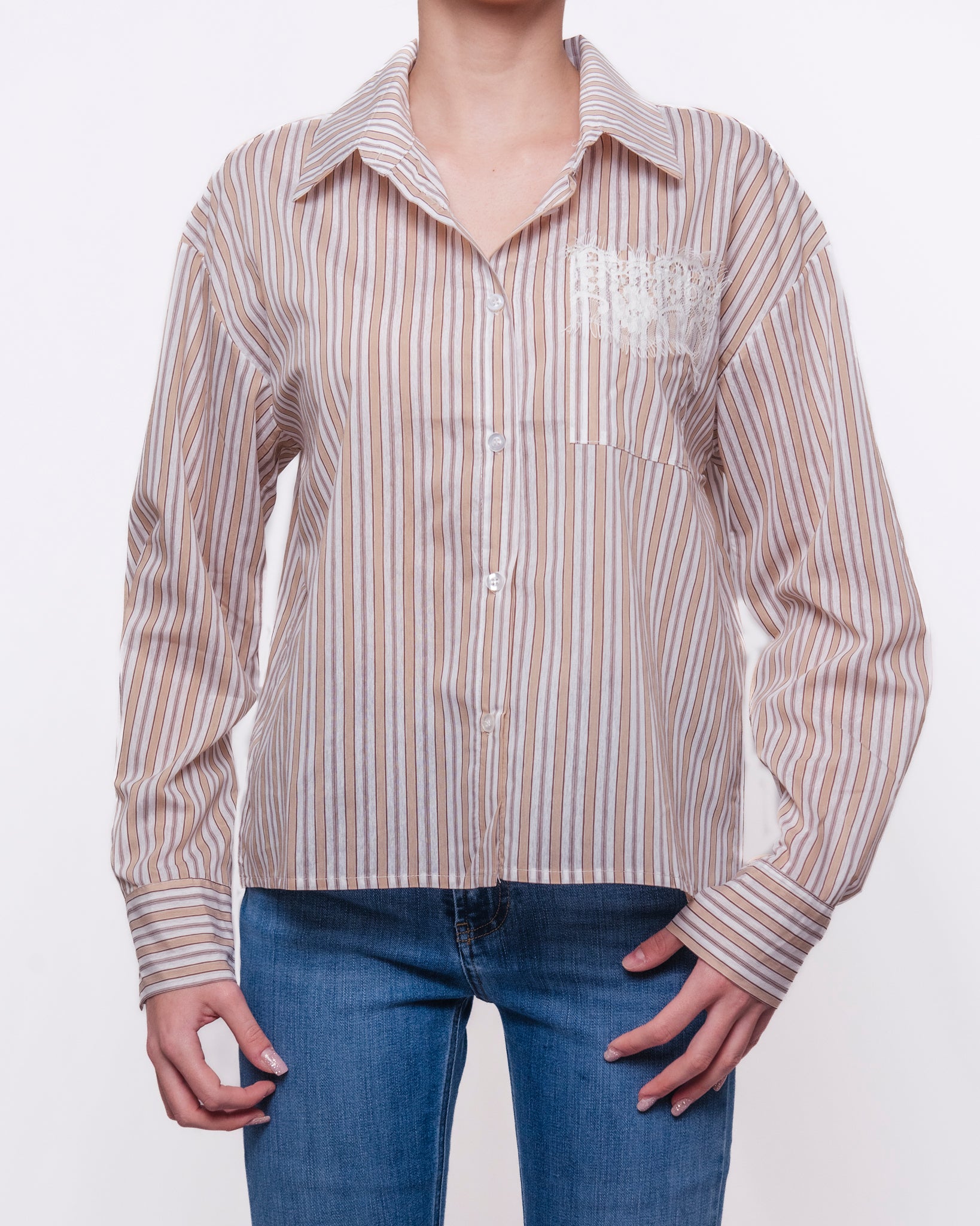 Camicia a Righe Manica Lunga con Ricamo e Tasca Donna  -  C81667PY24