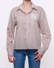 Camicia a Righe Manica Lunga con Ricamo e Tasca Donna  -  C81667PY24